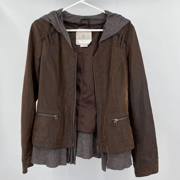 Anthropologie Hei Hei Vegan Leather Jacket Size S Brown Zip Up Layered Trim - Picture 8 of 15